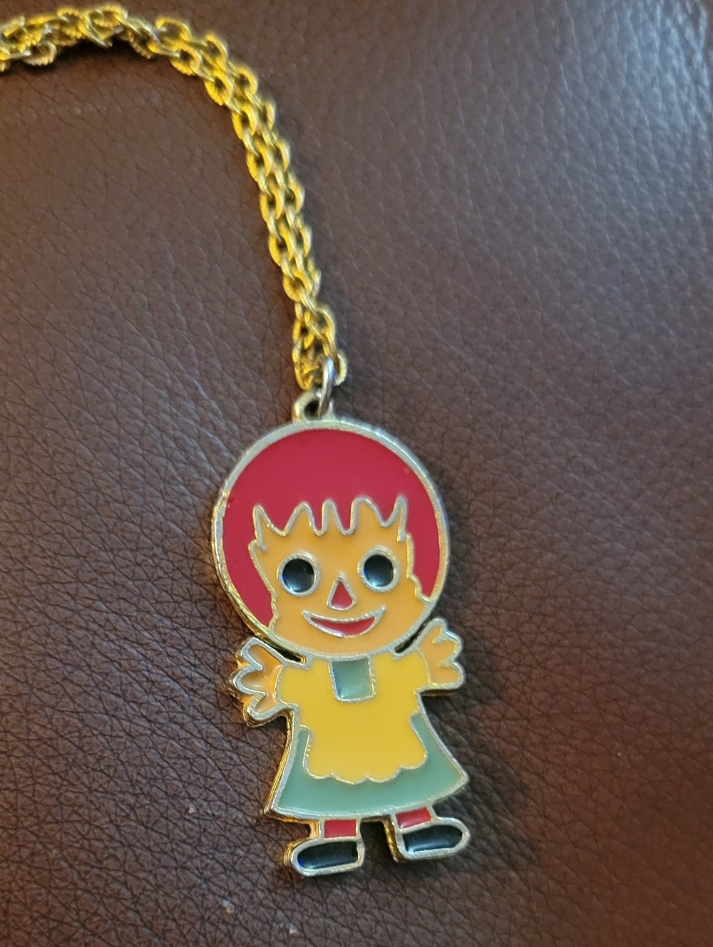 Vintage Raggedy Ann Colorful Enamel Pendant Necklace Gold Tone